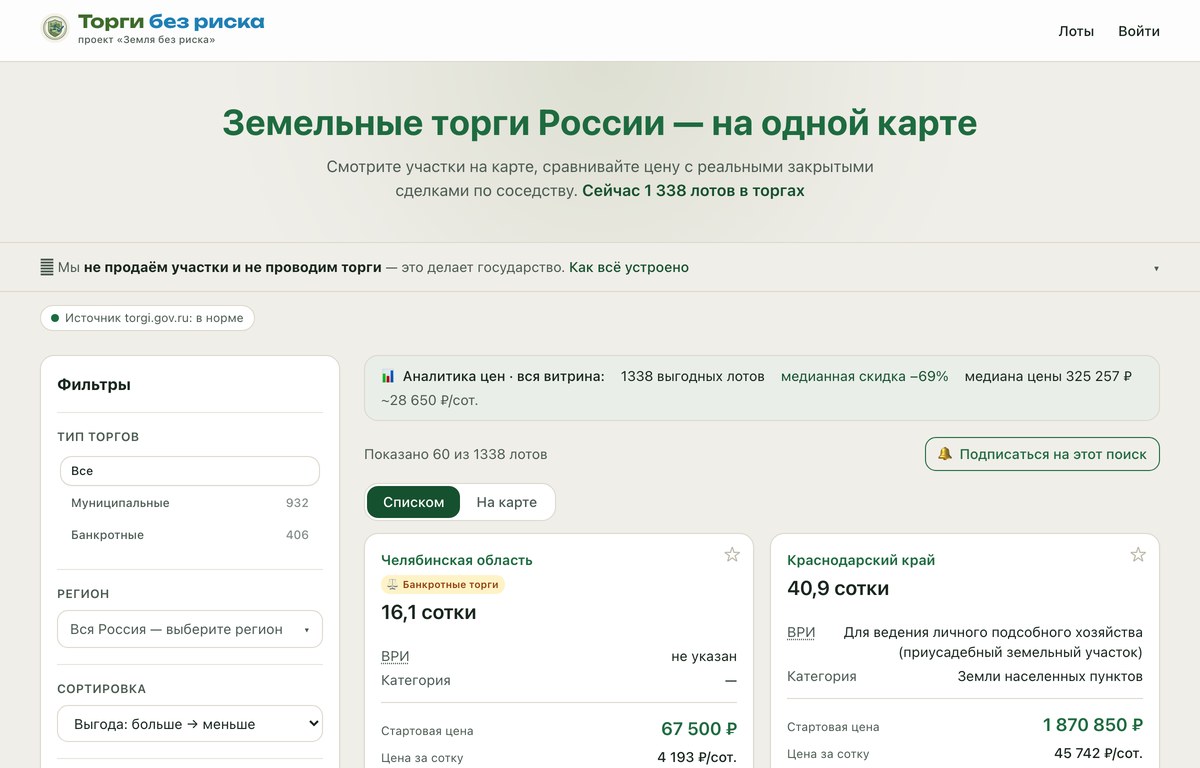 Скриншот сервиса Торги без риска